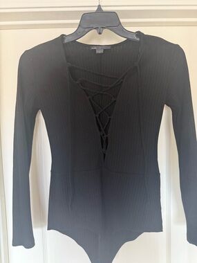 Lace-Up Ribbed Long Sleeve Bodysuit - Black